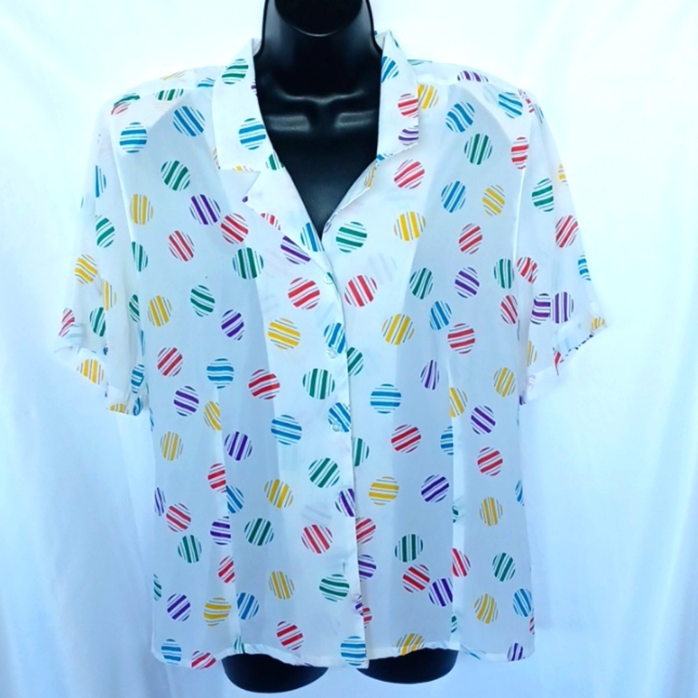 Vtg. Shapely semi-sheer printed blouse button down Sz 12,  shoulder pads